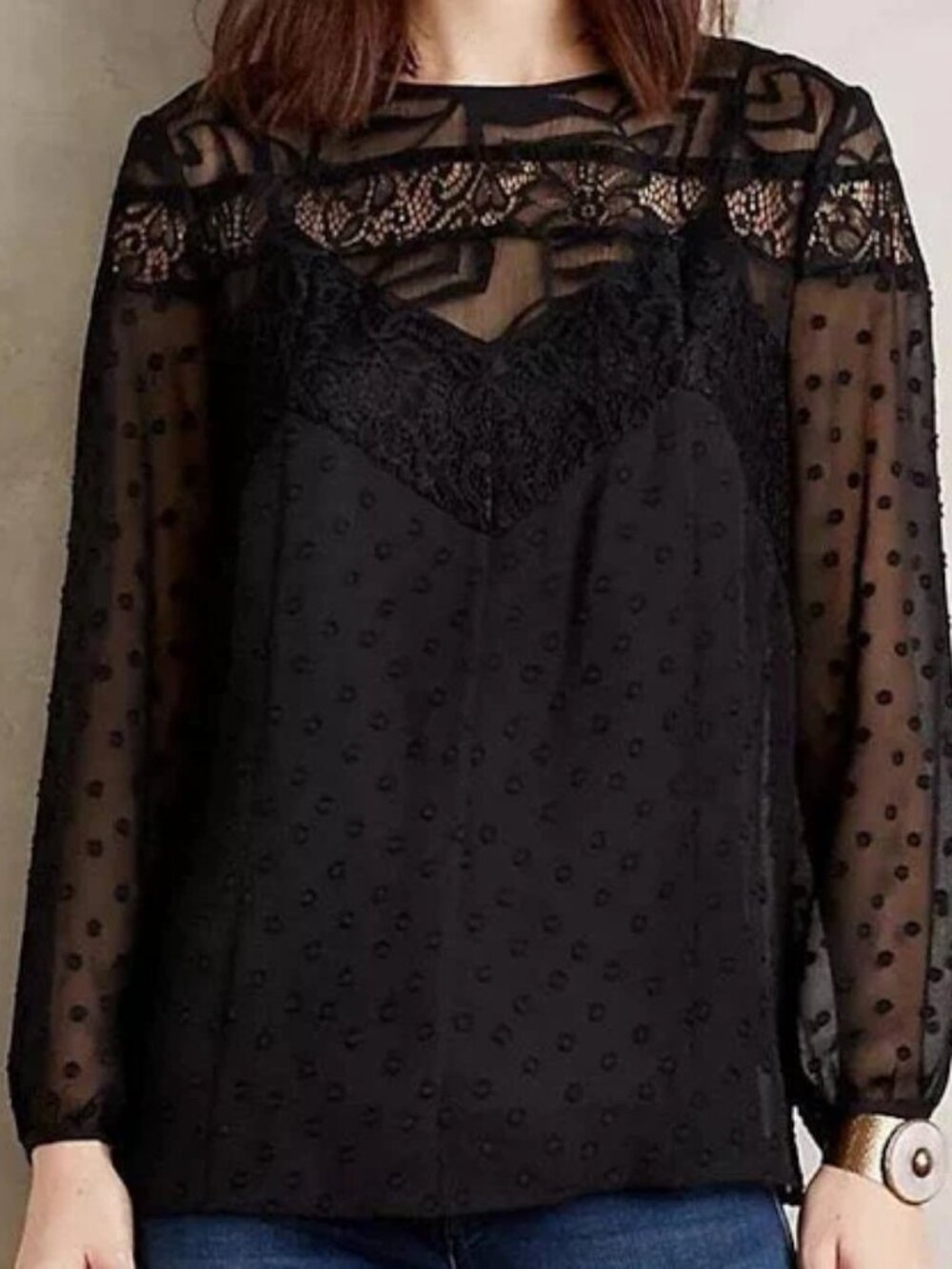 Women's Blouse Anthropologie HD in Paris sheer black polka dot and lace - Size 8
